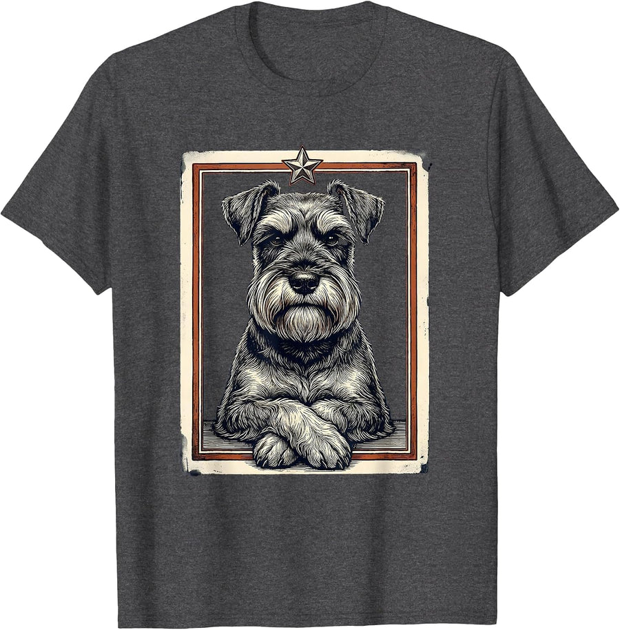 Men's Miniature Schnauzer Portrait Wood Type Letterpress Dog Lover T-Shirt - Dark Heather Grey