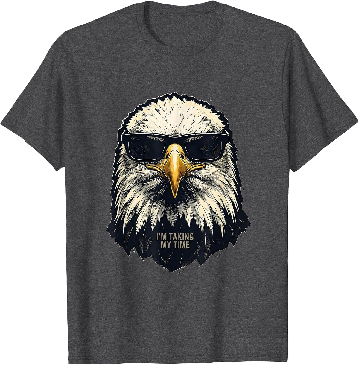 Men's I'm Taking My Time Linocut Bald Eagle Sunglasses Funny T-Shirt - Dark Heather Grey