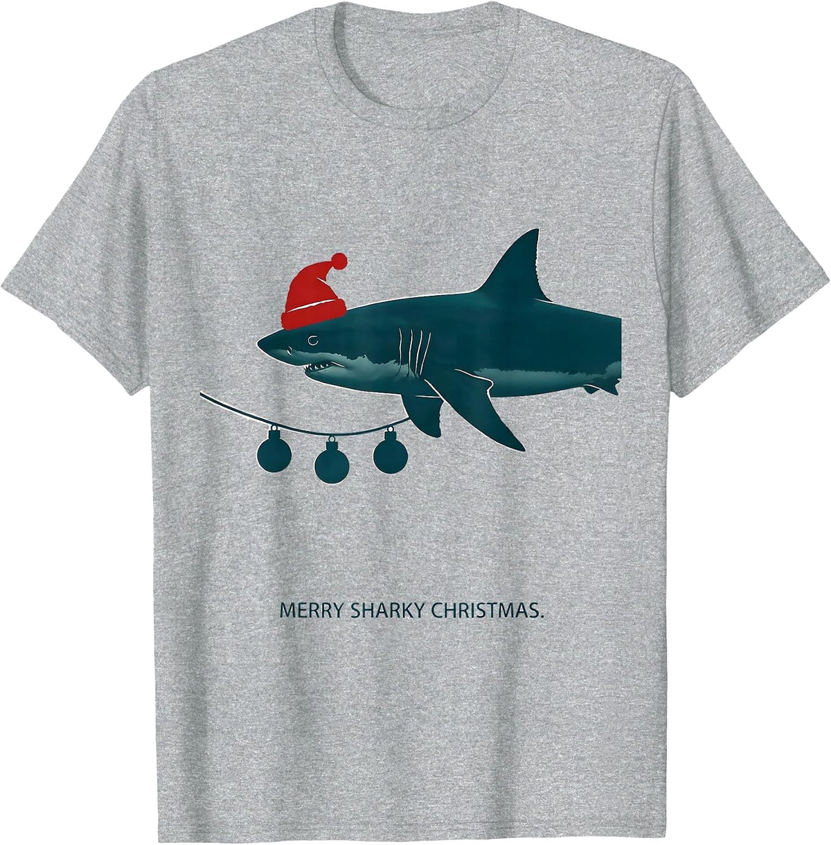 Men's Merry Sharky Christmas Funny Shark Santa Hat Holiday Lights T-Shirt - Heather Grey
