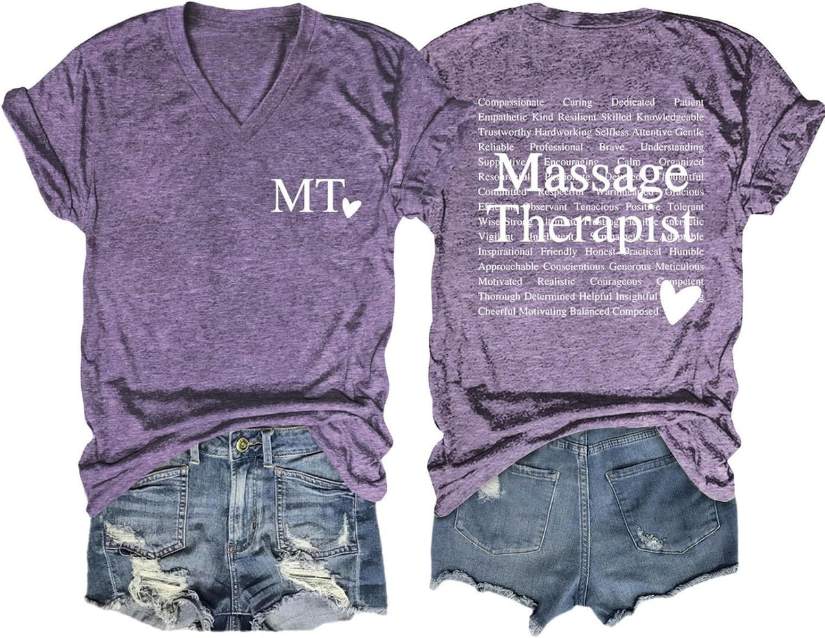 Massage Therapist Shirts for Women Summer V-Neck Short Sleeve Funny Letter Print Tees Massage Therapy Shirt - Purple