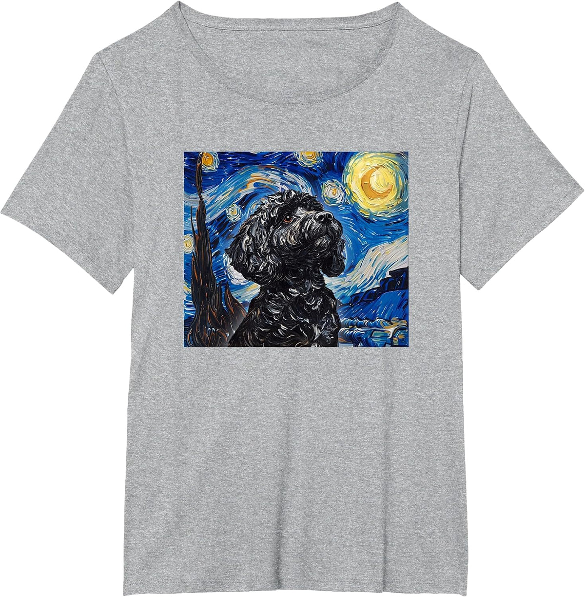 Cute Illustration Painting Starry Night Black Cockapoo Lover T-Shirt - Heather Grey