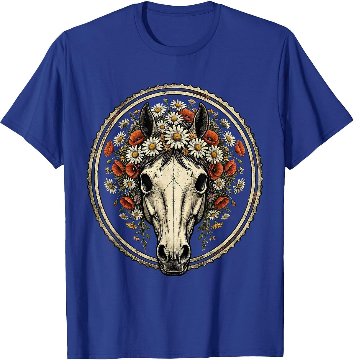 Men's Horse Skull Wildflower Crown Botanical Art T-Shirt - Royal Blue