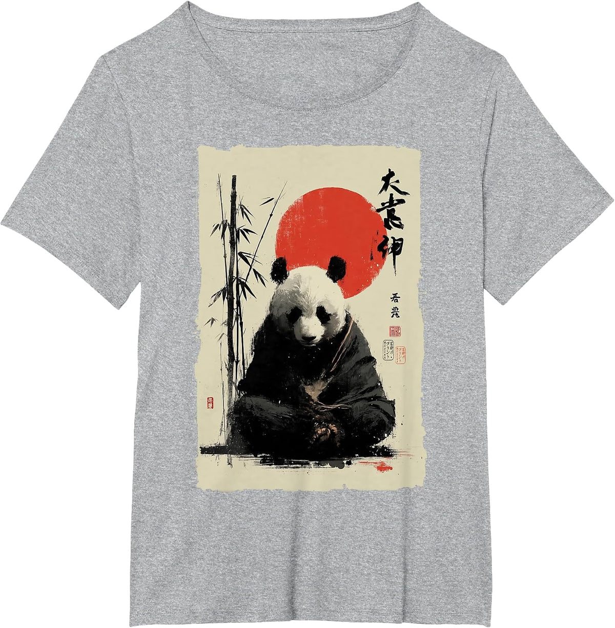 Zen Panda Bear Japanese Sumi-e Ink Painting Meditation T-Shirt - Heather Grey