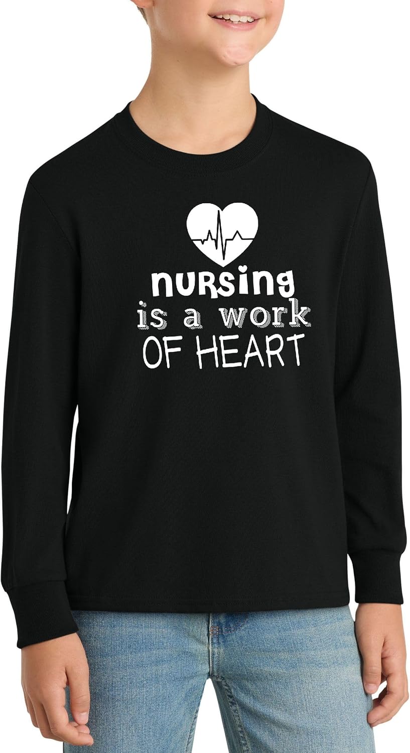 Nursing is A Work of Heart Heartbeat Nurse Graphic Top Cotton Tee Adult Youth Tall Men Women - Long Sleeve Black
