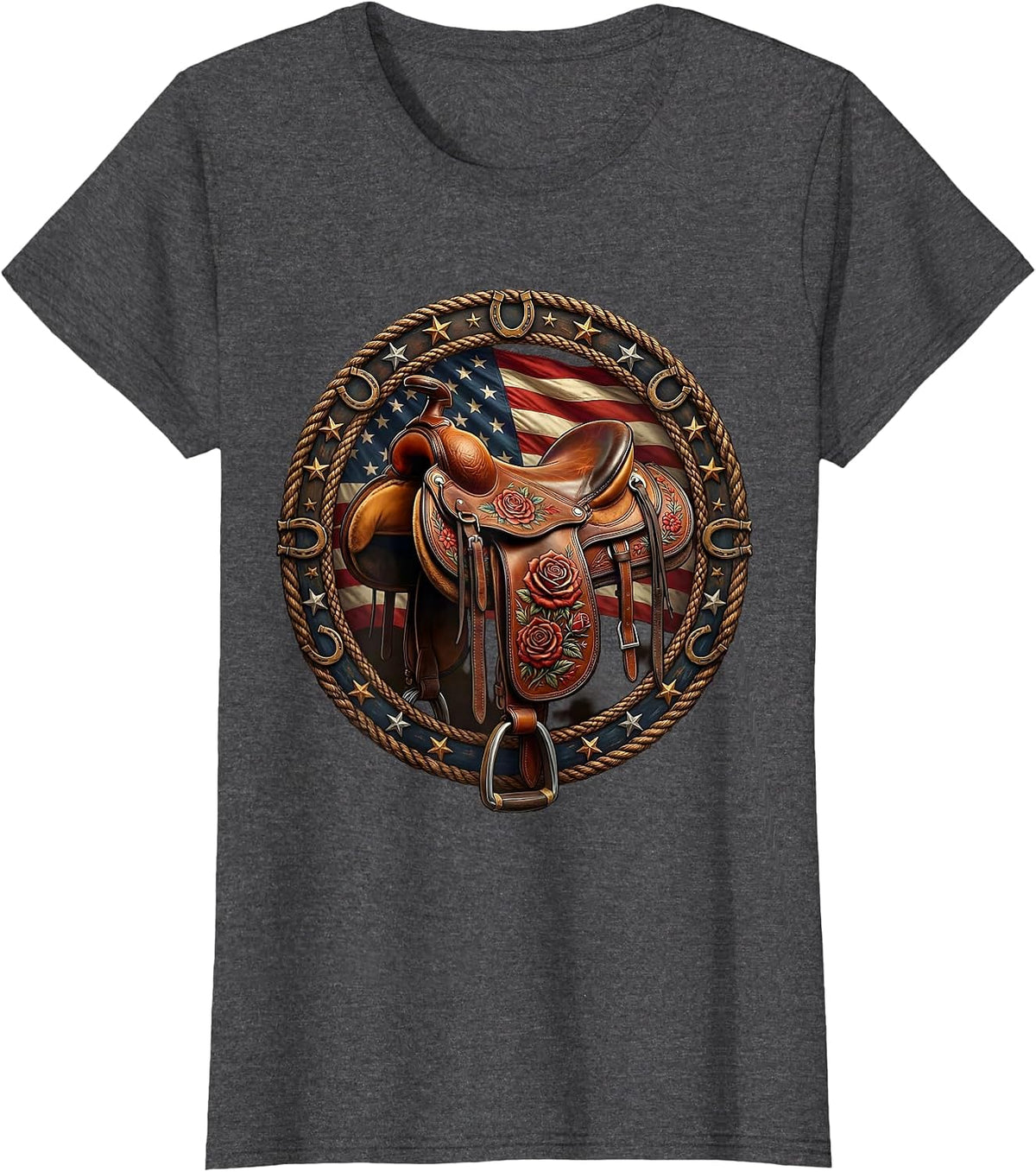Women's Floral Stitched Leather Saddle Cowgirl Design T-Shirt - Dark Heather Grey