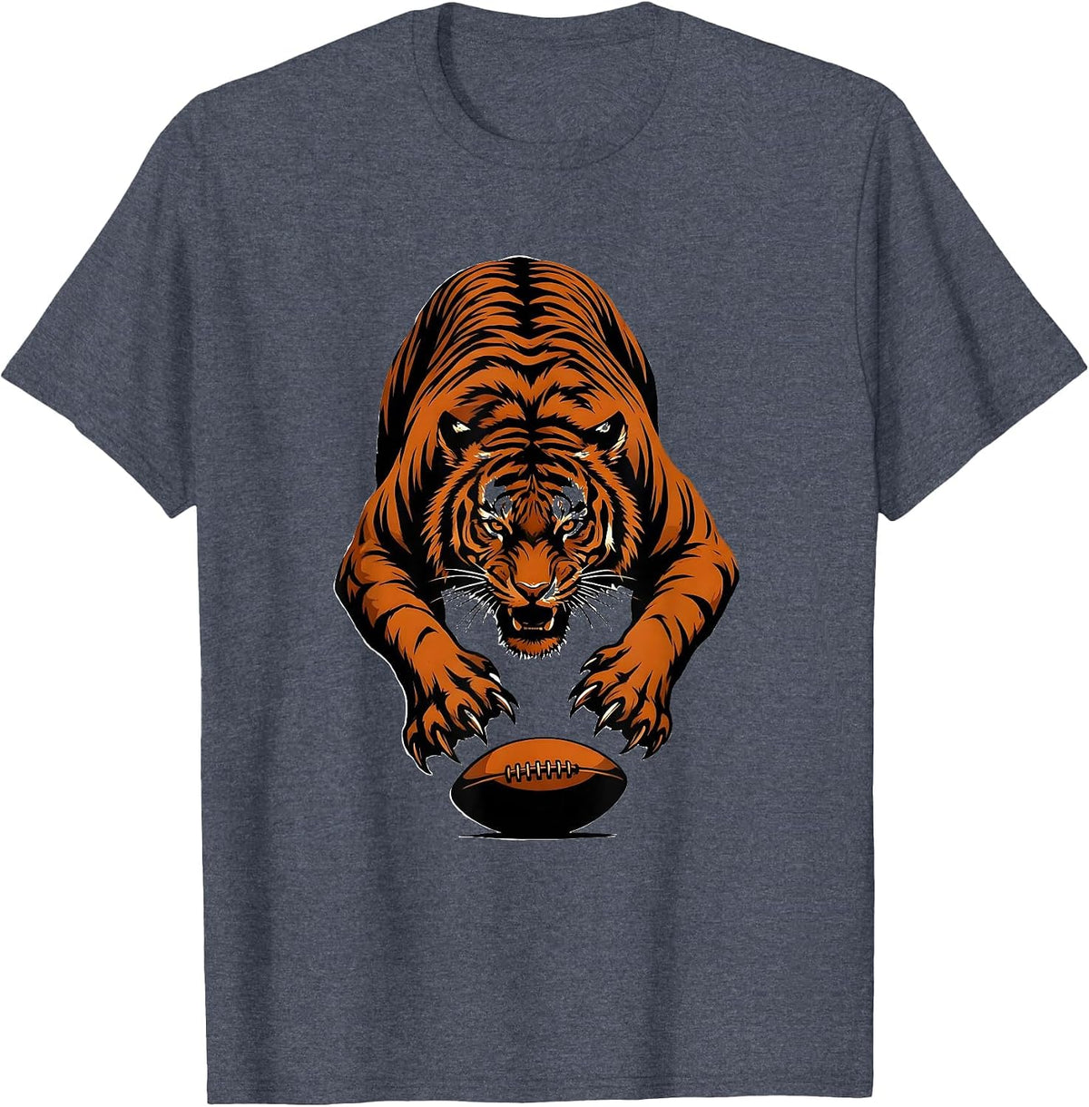 Tiger Pouncing on Rugby Ball Graphic Design T-Shirt - Heather Blue