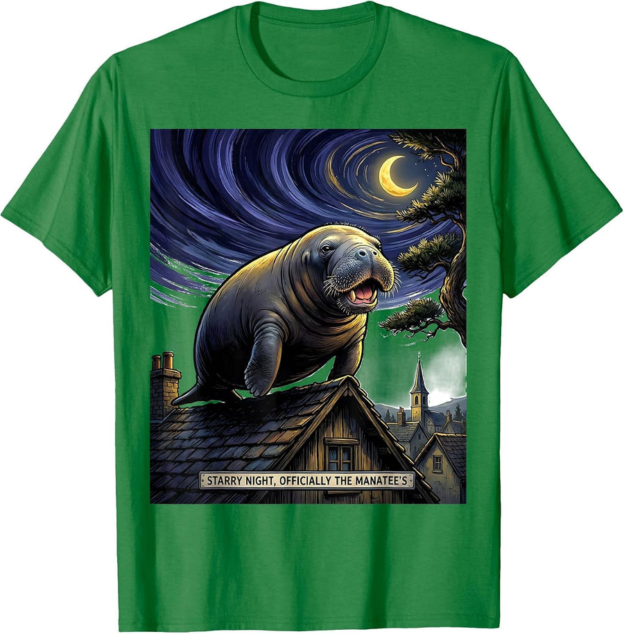 Men's Starry Night Officially The Manatee Funny Animal Lover Art T-Shirt - Kelly Green