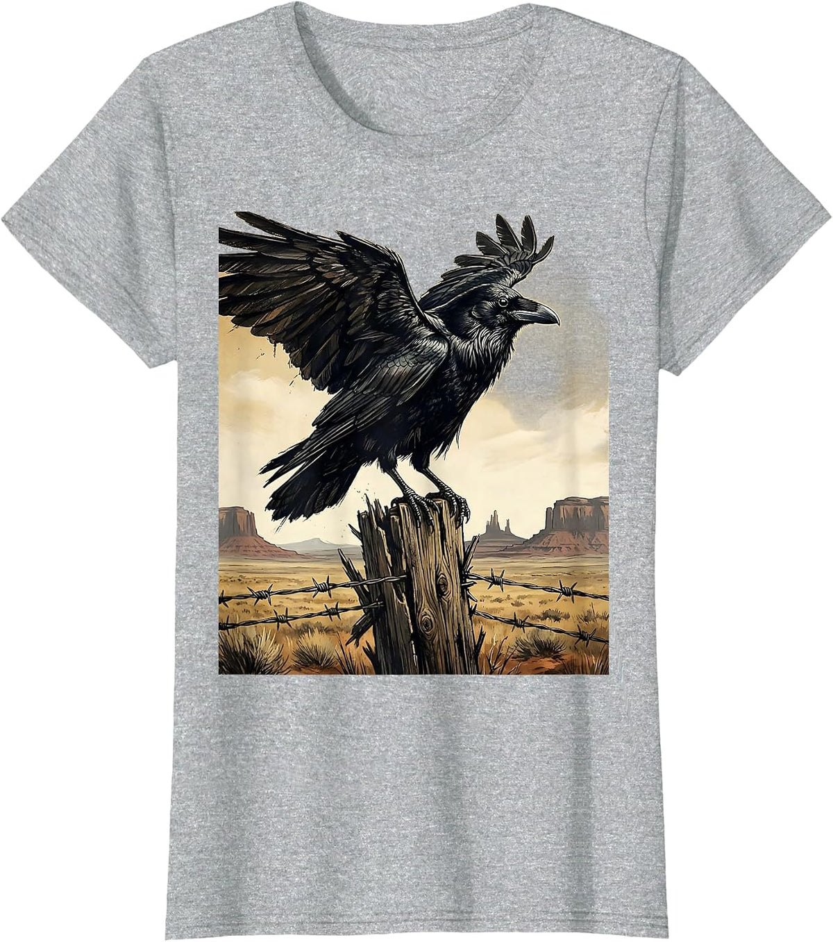 Raven on Fence Post Cowboy Western Design T-Shirt - Heather Grey