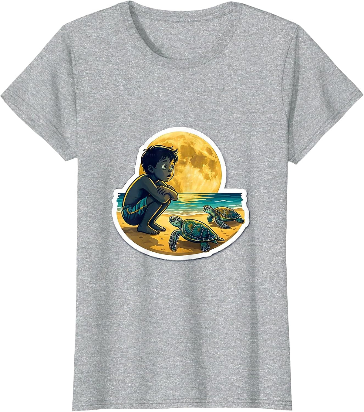Women's Boys Hawaiian Sea Turtle Nesting Moonlit Beach T-Shirt - Heather Grey