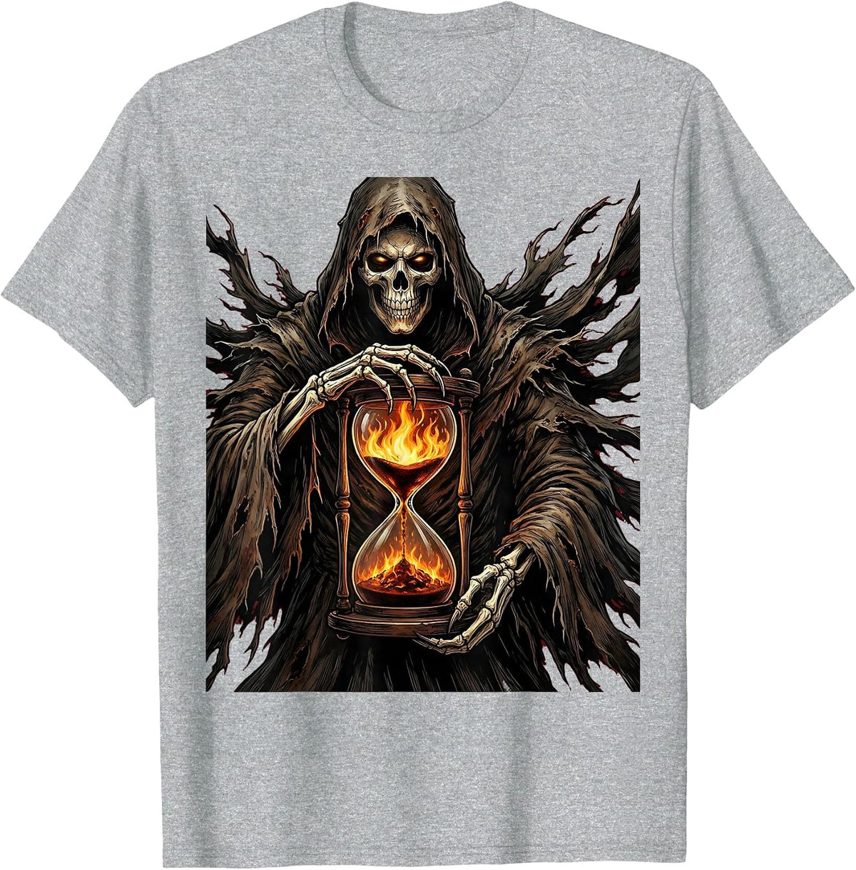 Men's Grim Reaper Hourglass of Fire Gothic Metal Art T-Shirt - Heather Grey