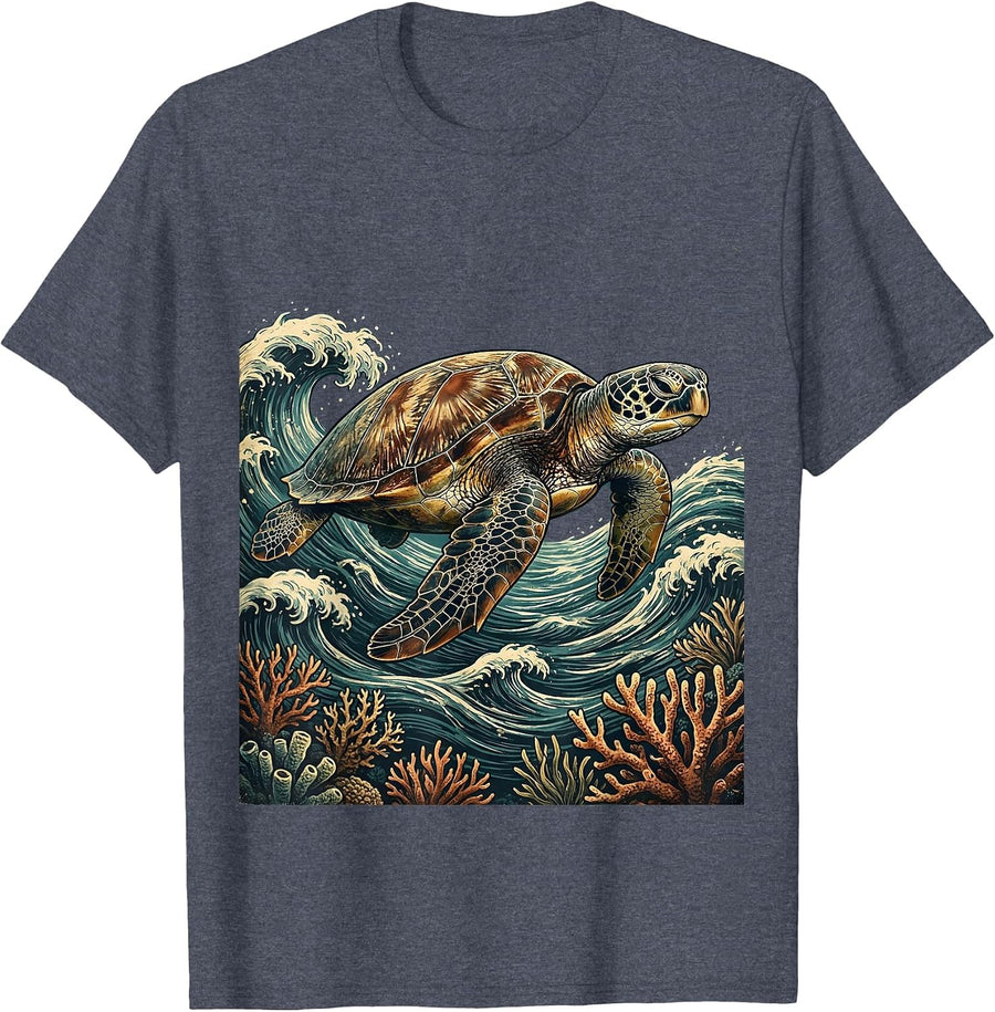 Hawaiian Sea Turtle Turquoise Ocean Waves Design T-Shirt - Heather Blue