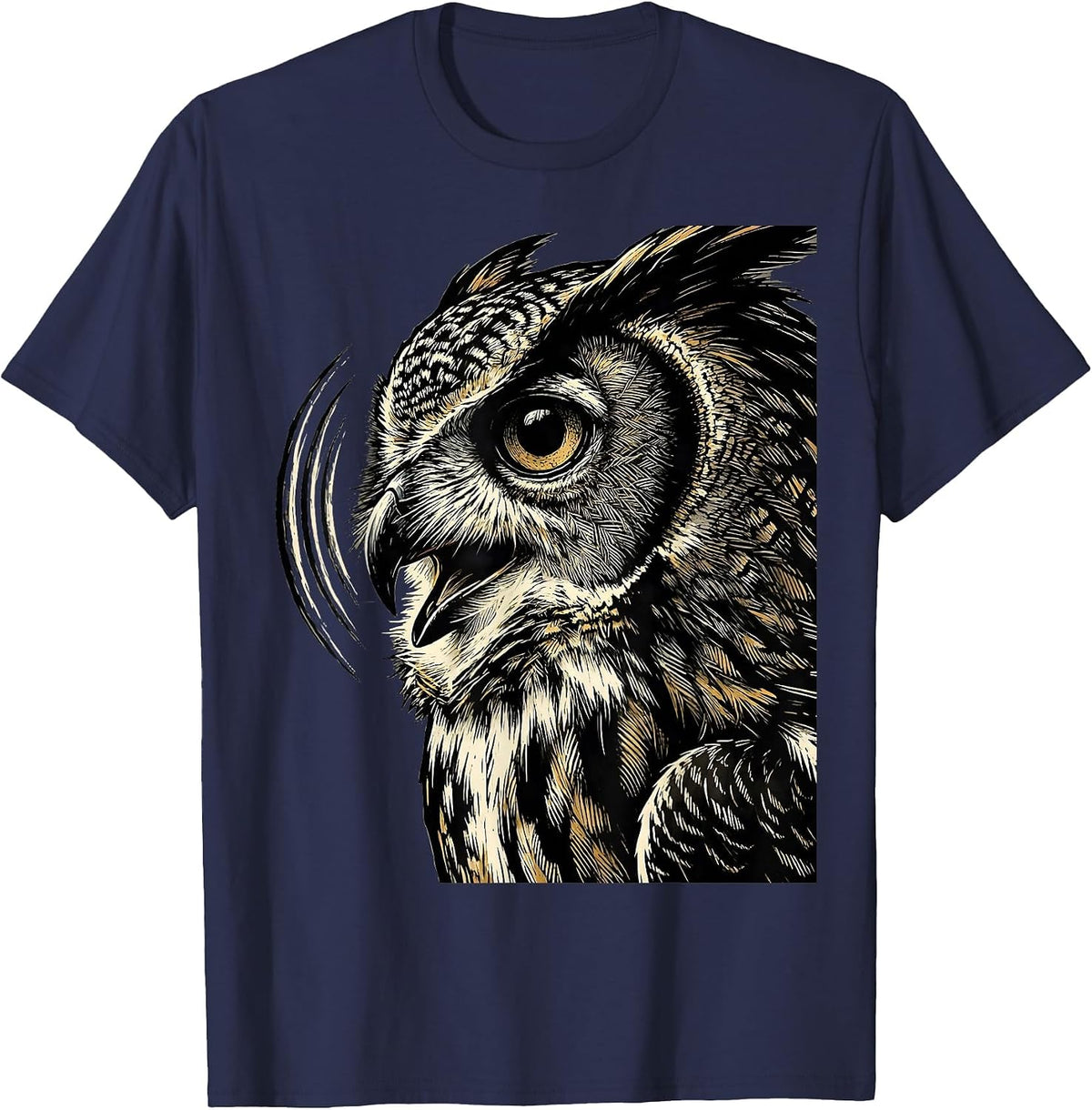Men's Owl Head Linocut Funny Bird Lover Gift T-Shirt - Navy Blue