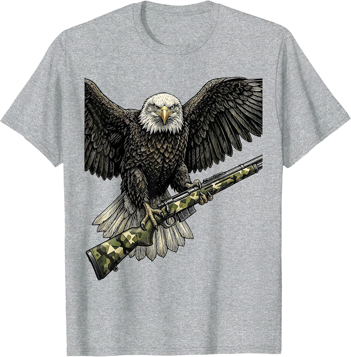 Men's Eagle Perched on Camo Rifle Graphic Design T-Shirt - Heather Grey