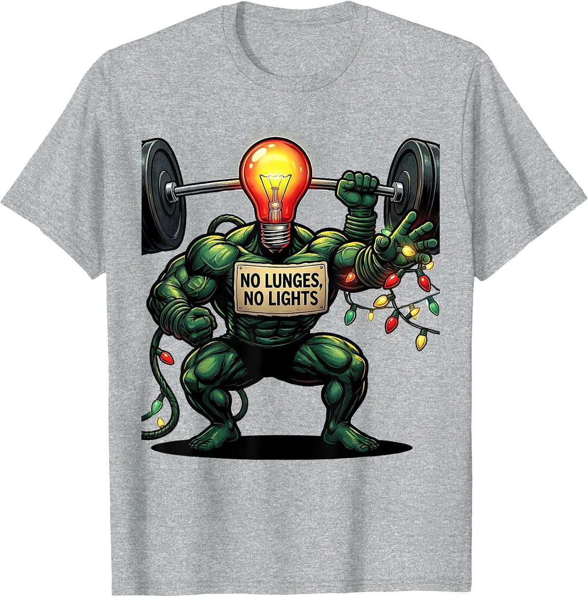 Men's No Lunges, No Lights Funny Gym Bodybuilder Christmas Workout T-Shirt - Heather Grey