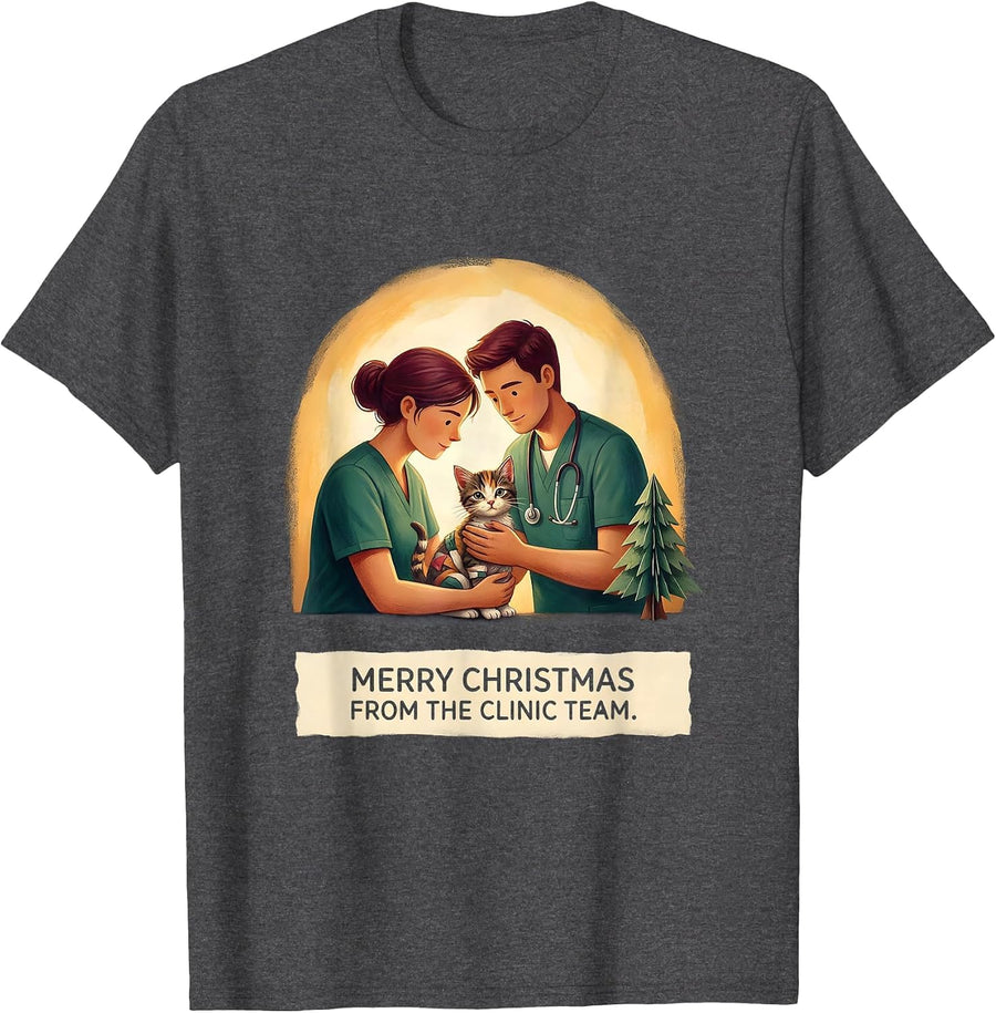 Men's Merry Christmas From The Clinic Team Funny Vet Tech Holiday T-Shirt - Dark Heather Grey
