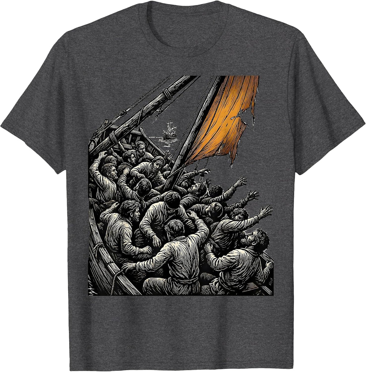 Cropped Raft Survivors Woodcut Engraving Art History Fan T-Shirt - Dark Heather Grey