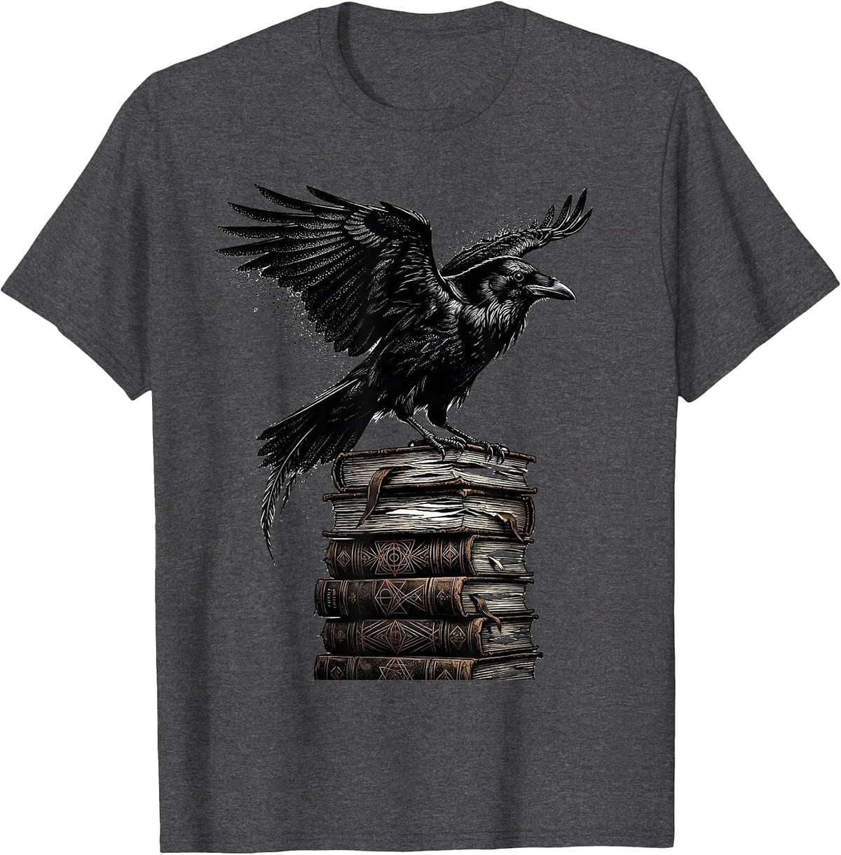 Men's Raven Perched on Stack of Old Books T-Shirt - Dark Heather Grey