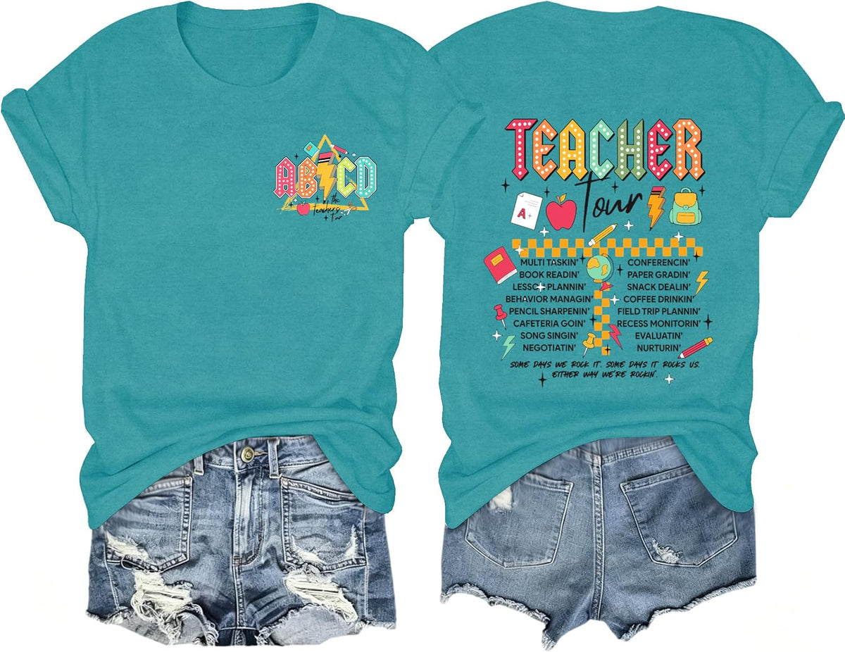 Teacher Shirts for Women ABCD Teacher Tour Teaching Life Tee Tops - Cyan