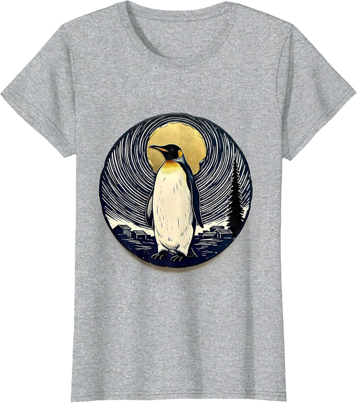 Women's Penguin Starry Night Van Gogh Art Parody Animal Lover T-Shirt - Heather Grey