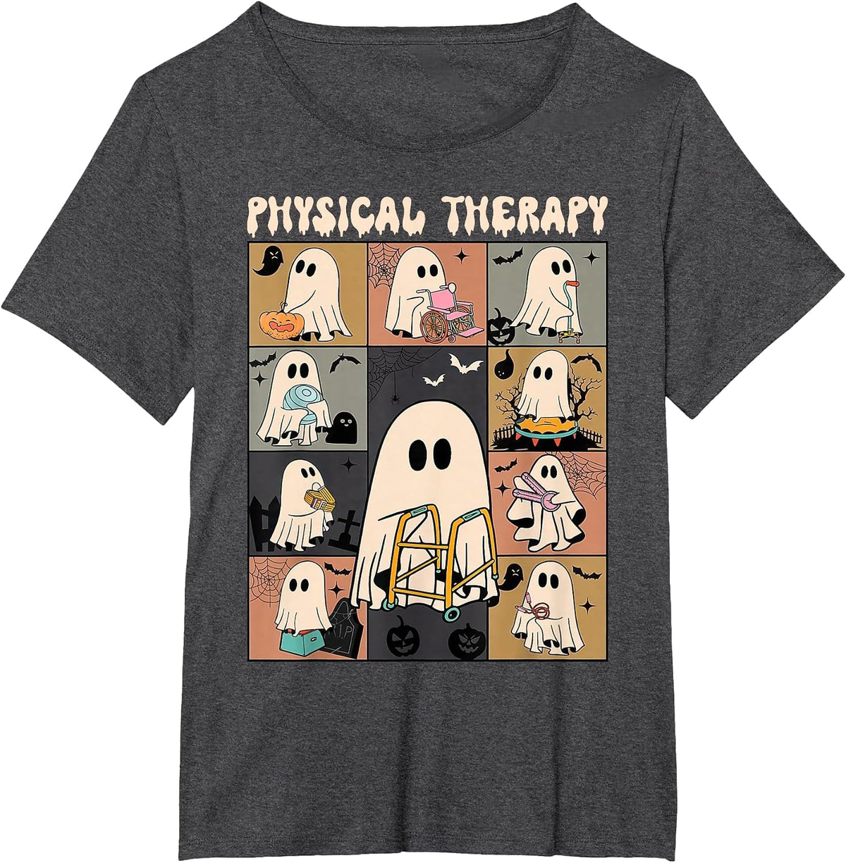 Cute Ghost Physical Therapy PT Physical Therapist Halloween T-Shirt - Dark Heather Grey