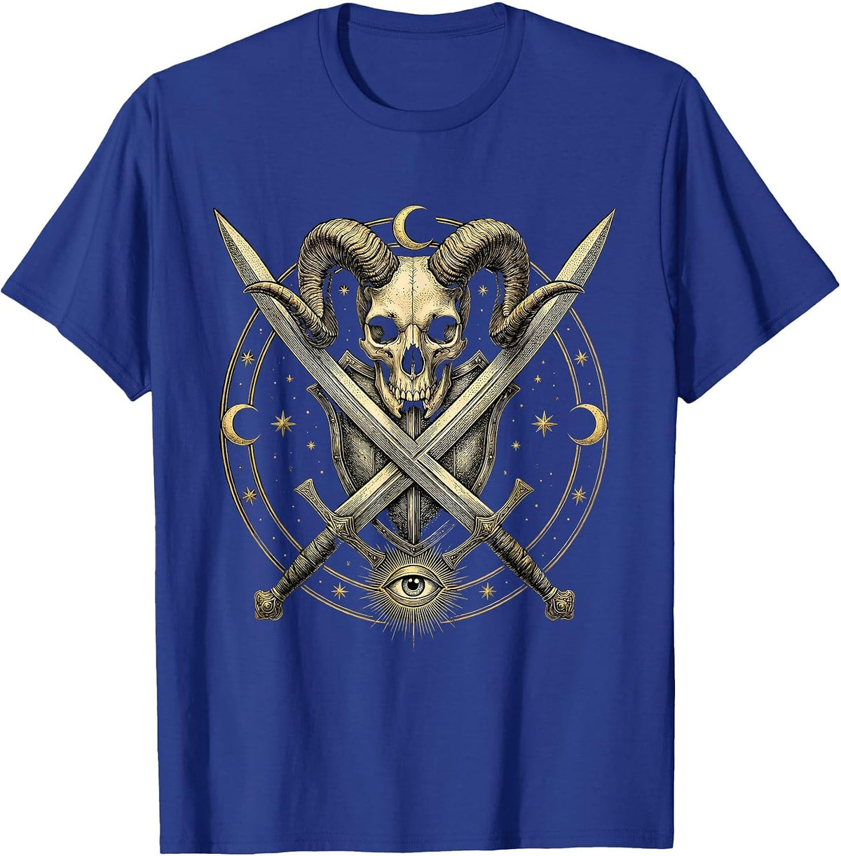 Crossed Swords Horned Demon Skull Metal Graphic T-Shirt - Royal Blue