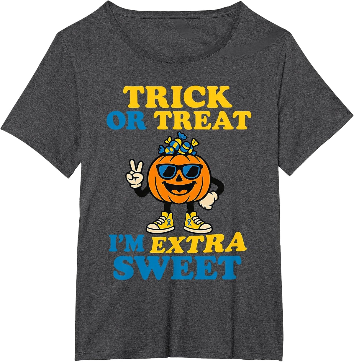 Down Syndrome Halloween Trick Or Treat Pumpkin Candy Cute T-Shirt - Dark Heather Grey