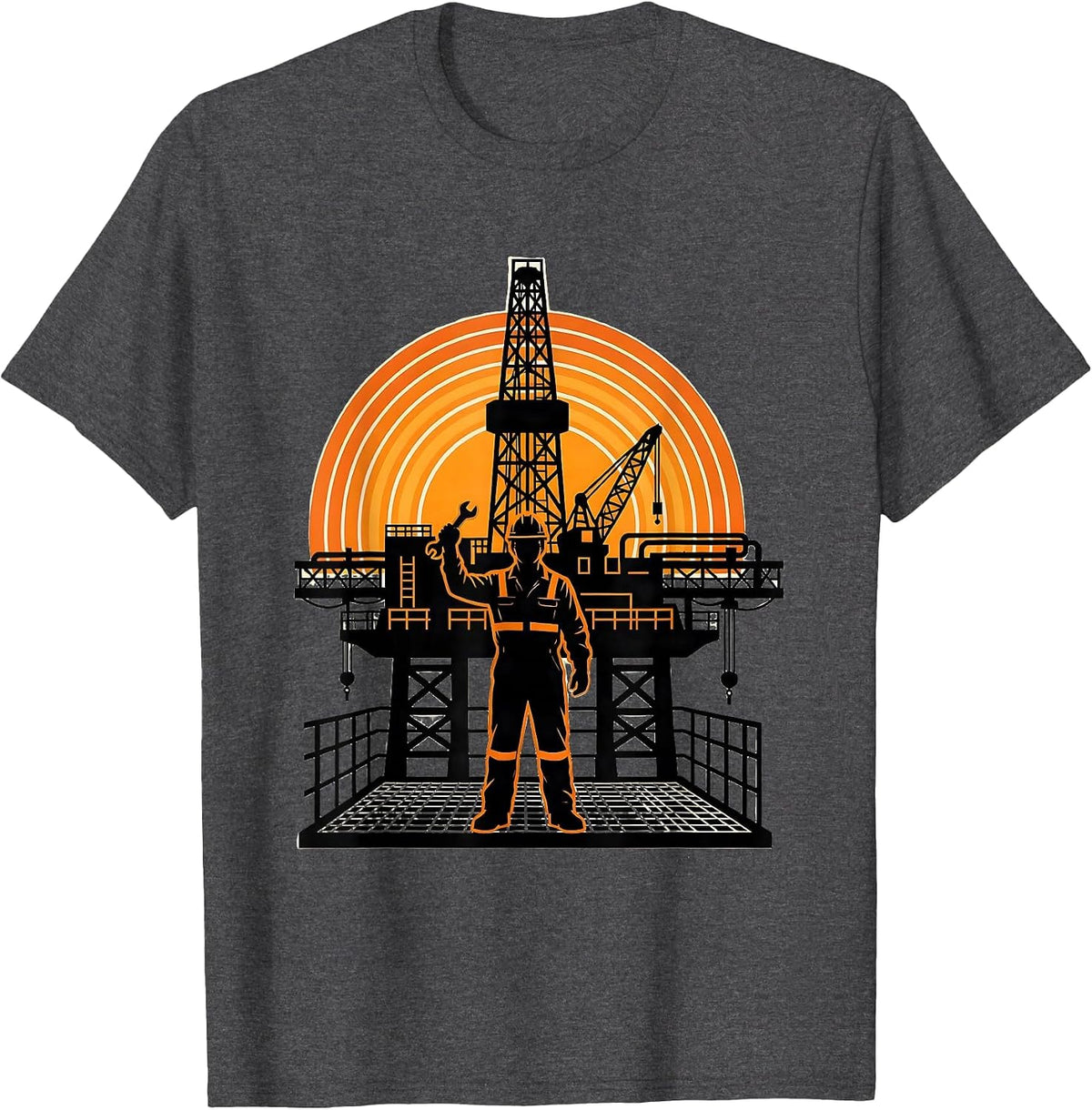 Oil Rig Worker Platform Sunset Illustration T-Shirt - Dark Heather Grey