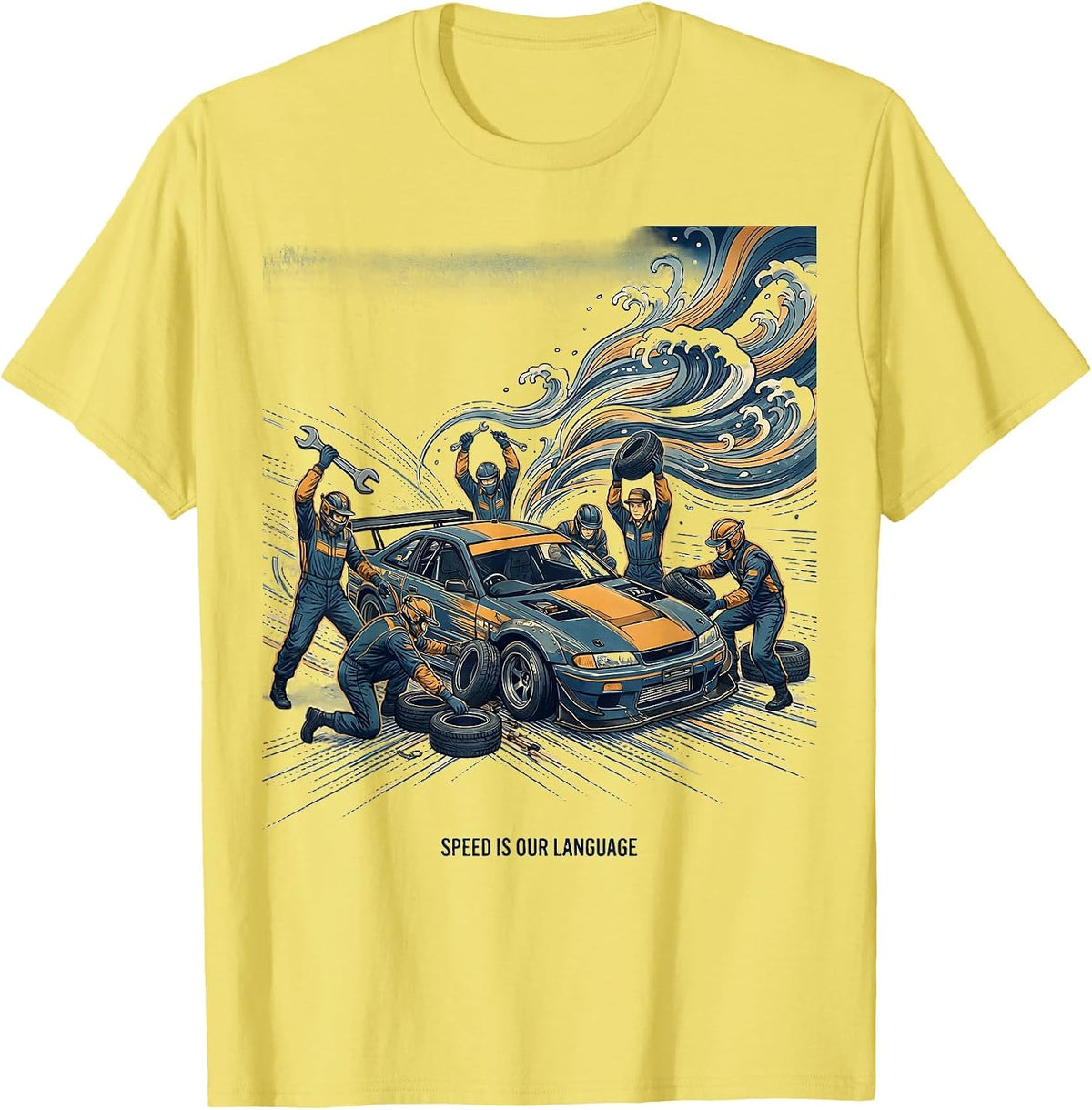 Men's Speed Is Our Language Pit Crew Racing Design T-Shirt - Lemon Yellow