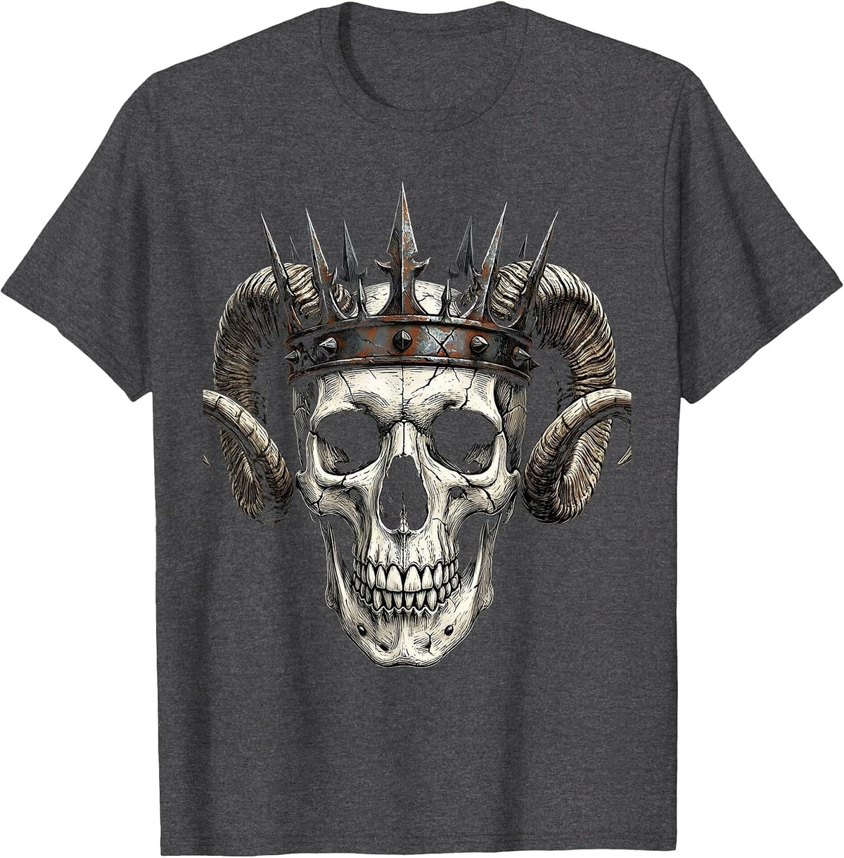 Skull Iron Crown and Horns Metal Art Design T-Shirt - Dark Heather Grey