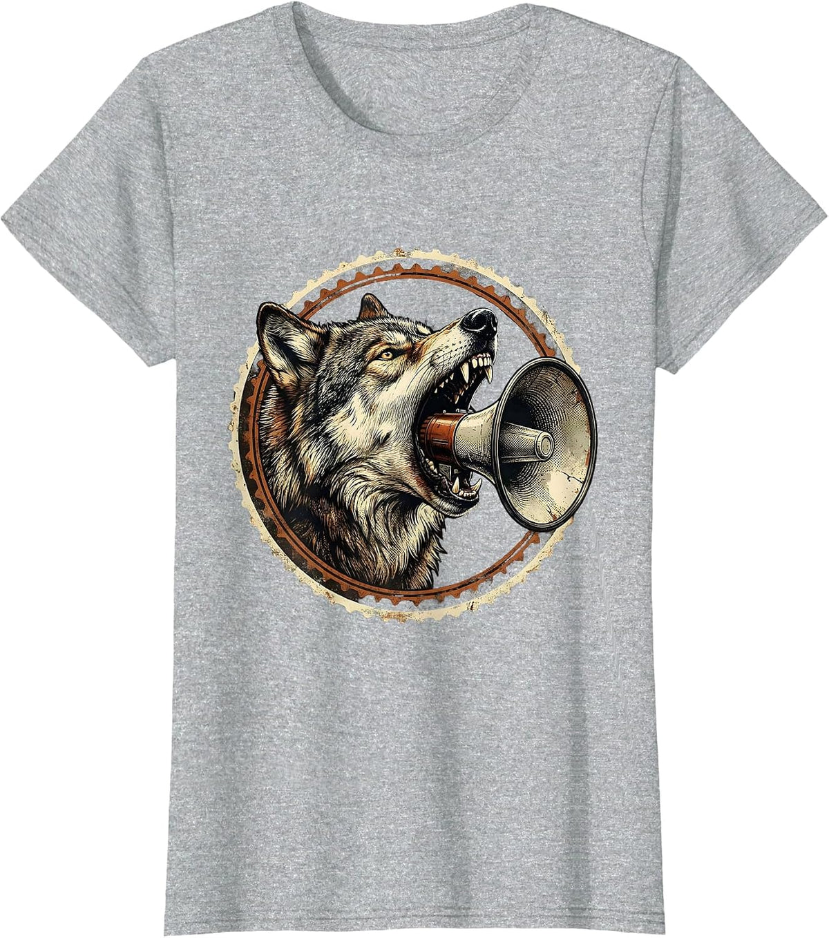 Wolf Howling Megaphone Rock and Roll Graphic T-Shirt - Heather Grey