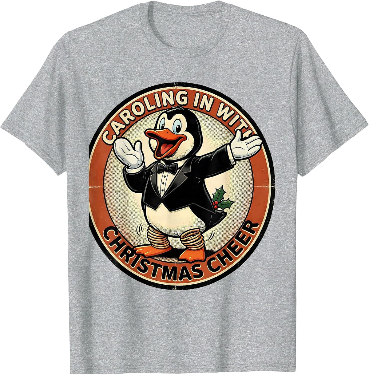 Men's Caroling In With Christmas Cheer Retro Cartoon Penguin Lover T-Shirt - Heather Grey