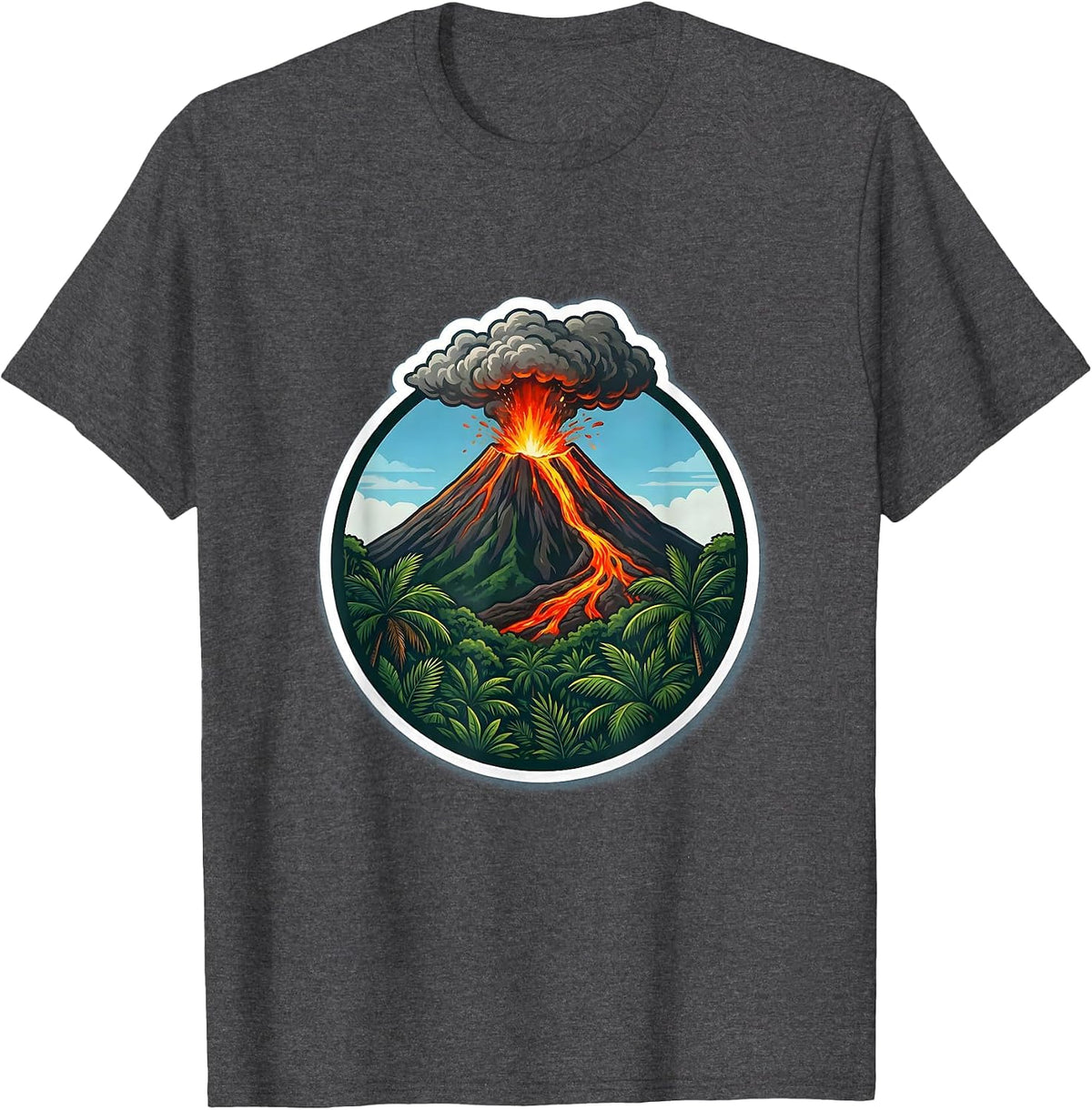 Hawaii Volcanic Eruption Jungle Illustration T-Shirt - Dark Heather Grey