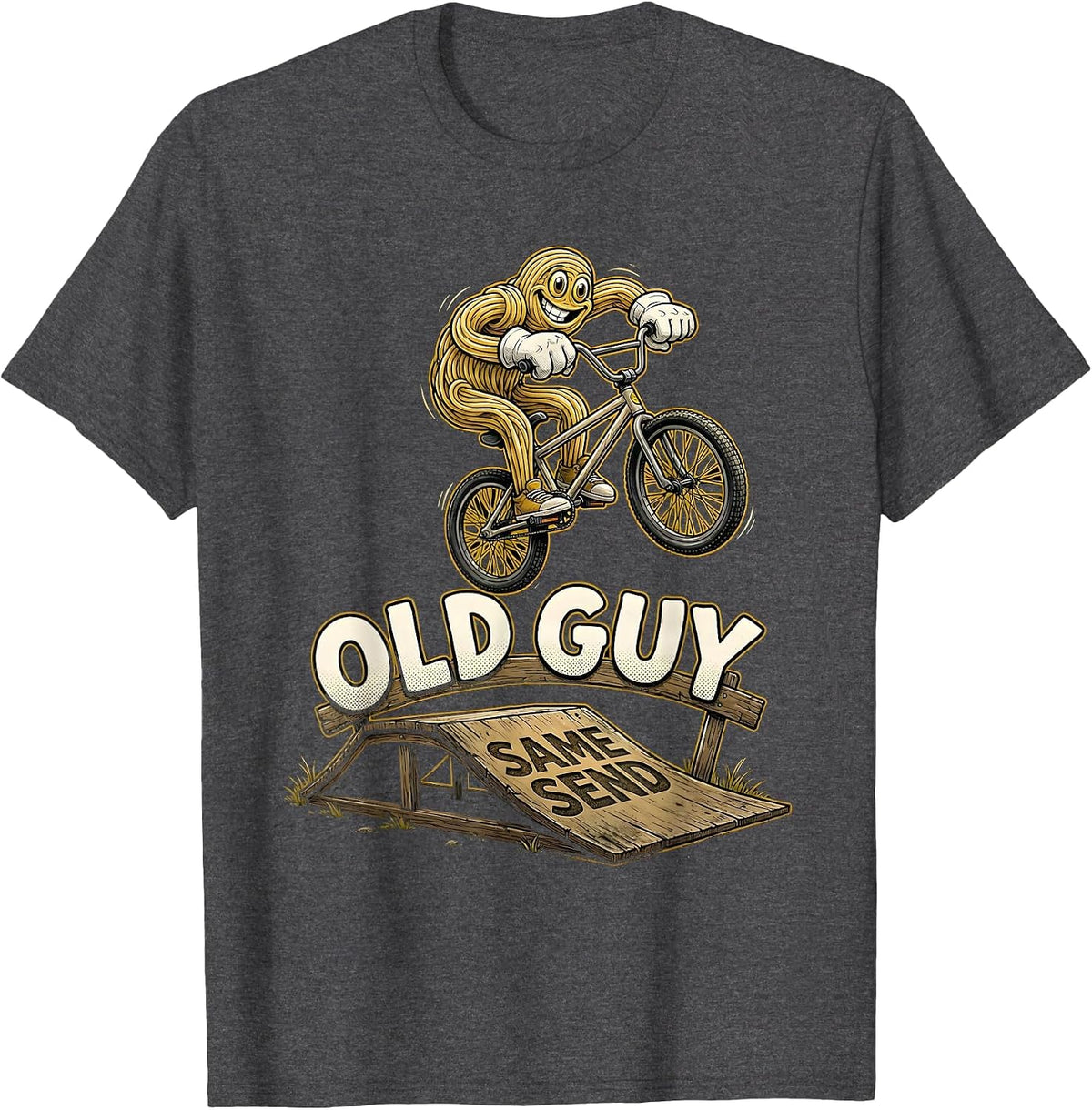 Old Guy Same Send Retro Cartoon BMX Kids Stunt Riding T-Shirt - Dark Heather Grey