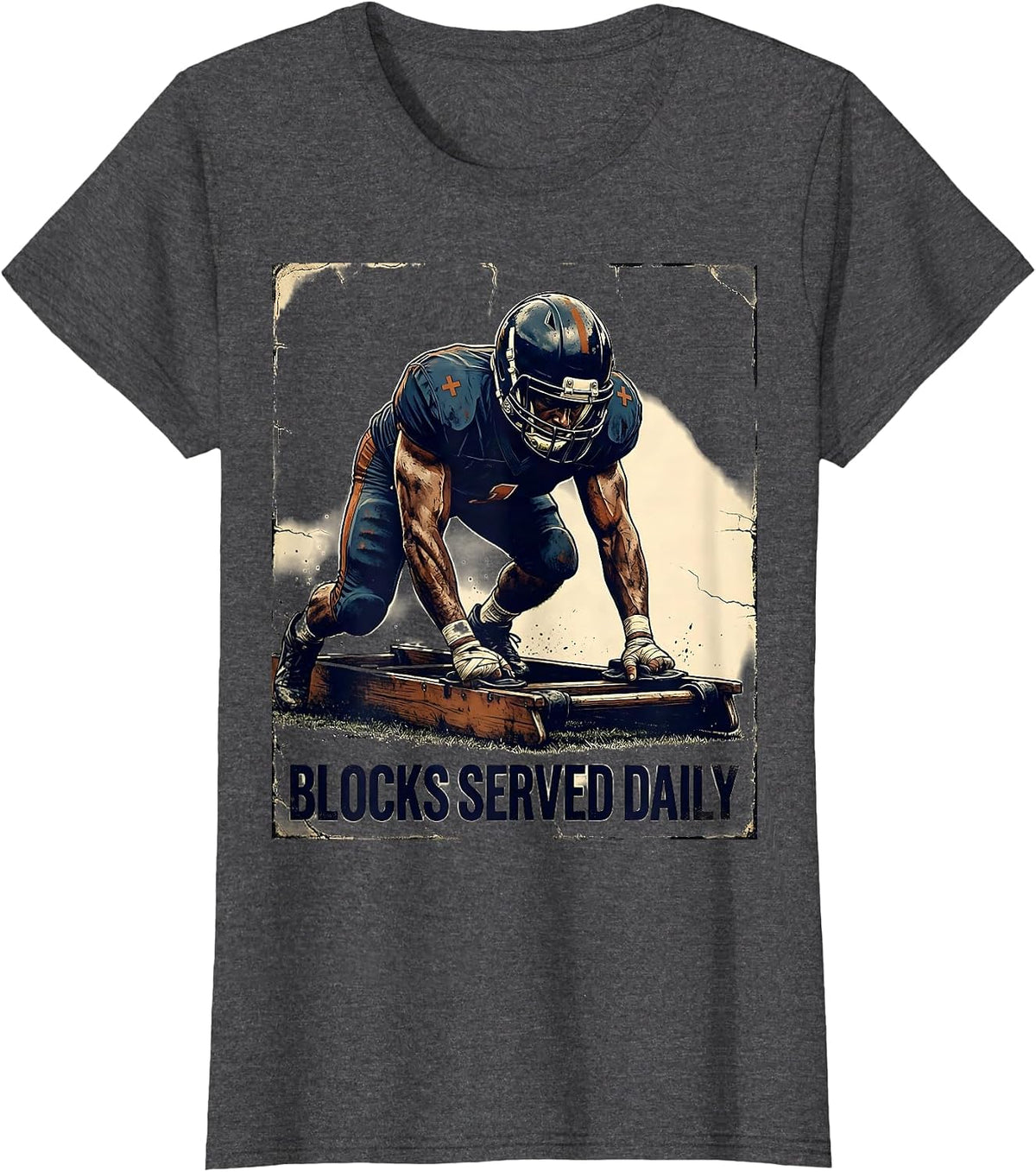 Women's Blocks Served Daily Distressed Football Lineman Game-Day T-Shirt - Dark Heather Grey