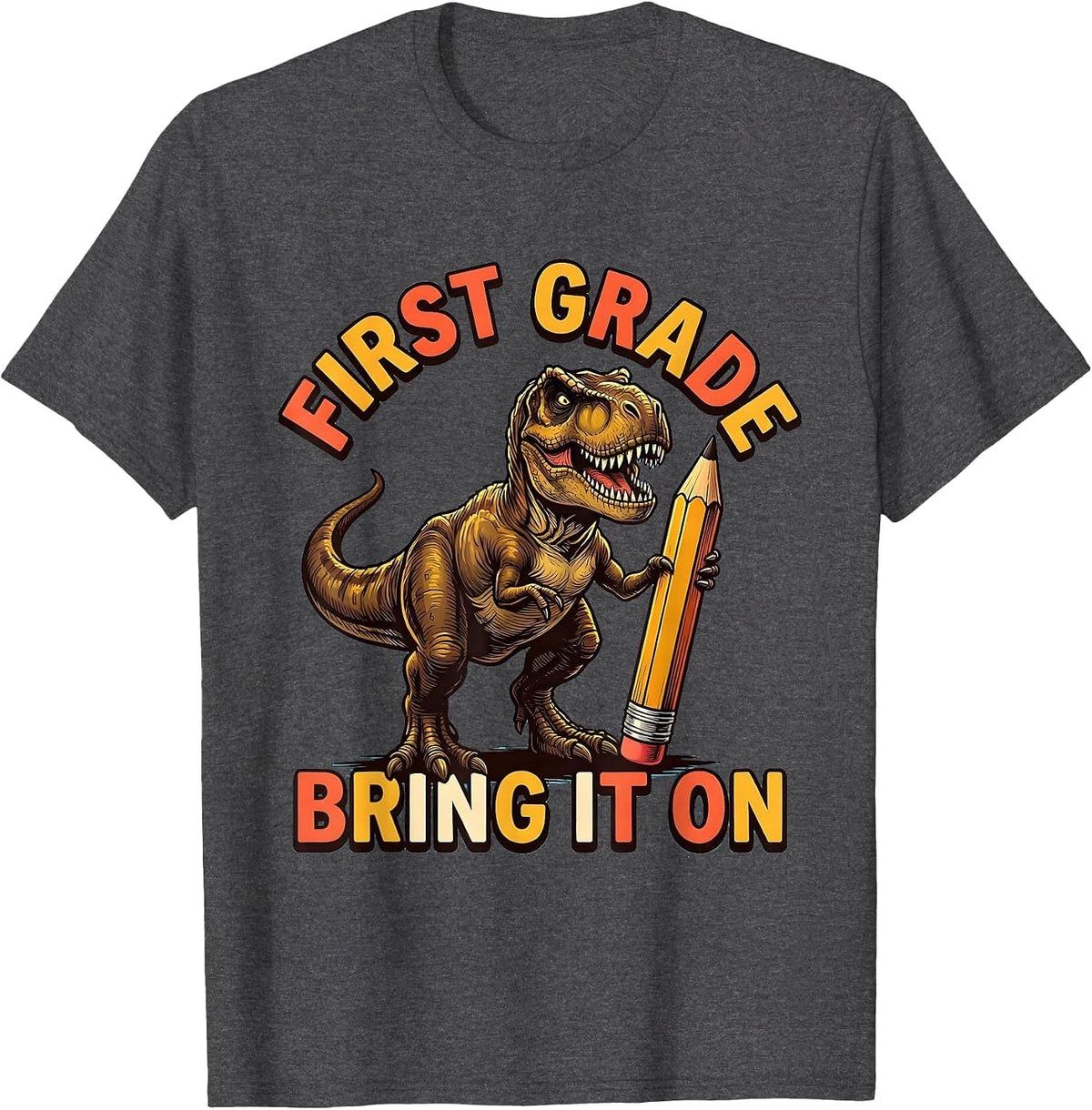 First Grade Bring It On Stomping T-Rex Dinosaur Boy Back T-Shirt - Dark Heather Grey