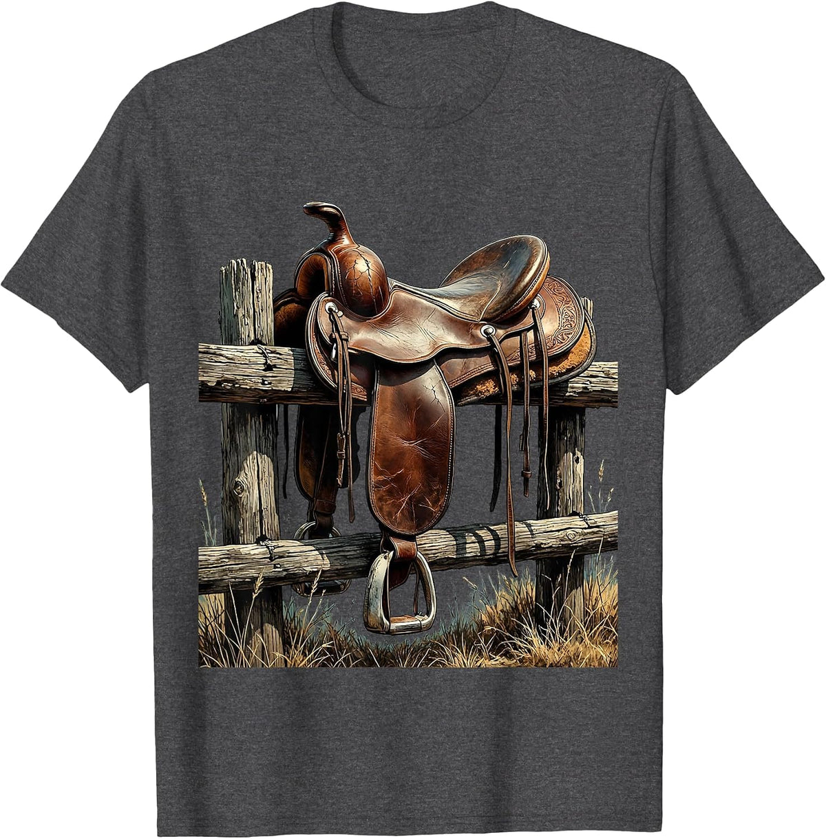 Saddle on Split-Rail Fence Country Western Design T-Shirt - Dark Heather Grey