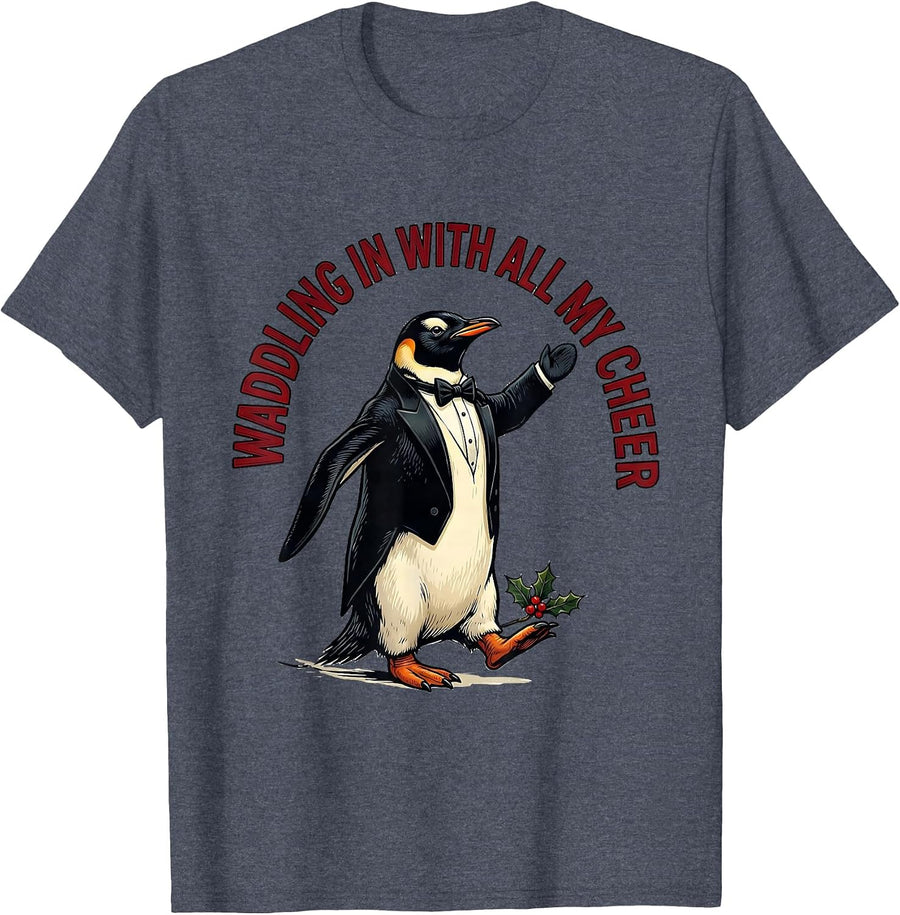 Waddling In With All My Cheer Funny Penguin Lover Christmas T-Shirt - Heather Blue
