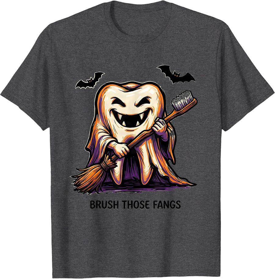 Men's Brush Those Fangs Funny Dental Hygienist Ghost Halloween T-Shirt - Dark Heather Grey