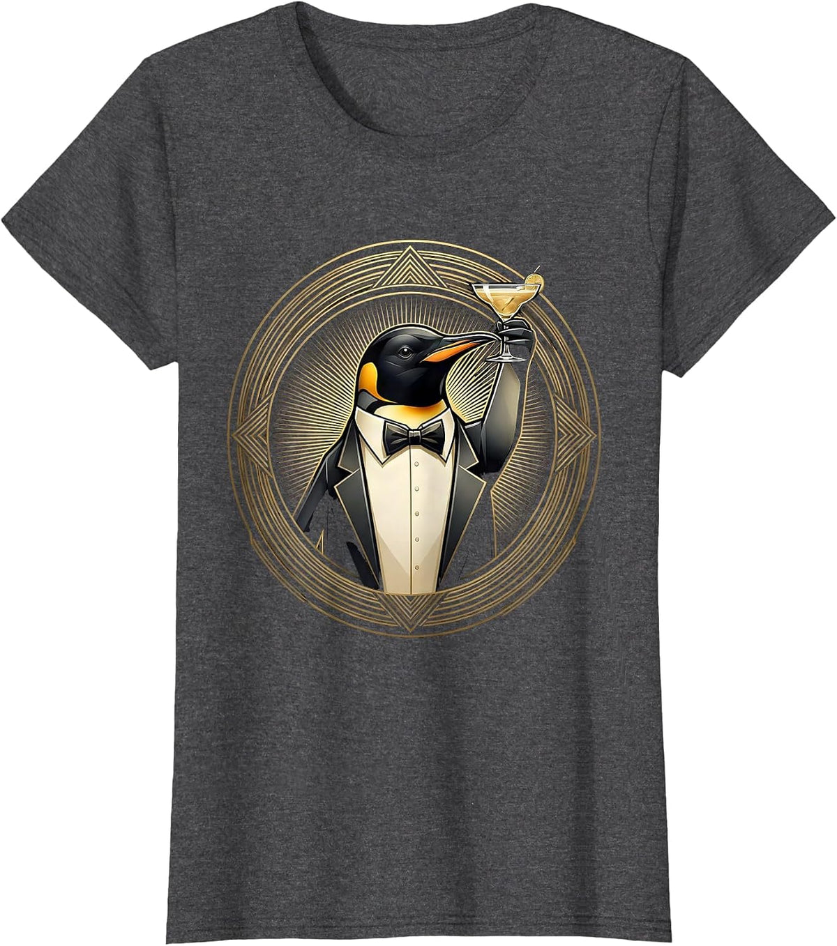 Women's Dapper Penguin Tuxedo Cocktail Party Graphic T-Shirt - Dark Heather Grey