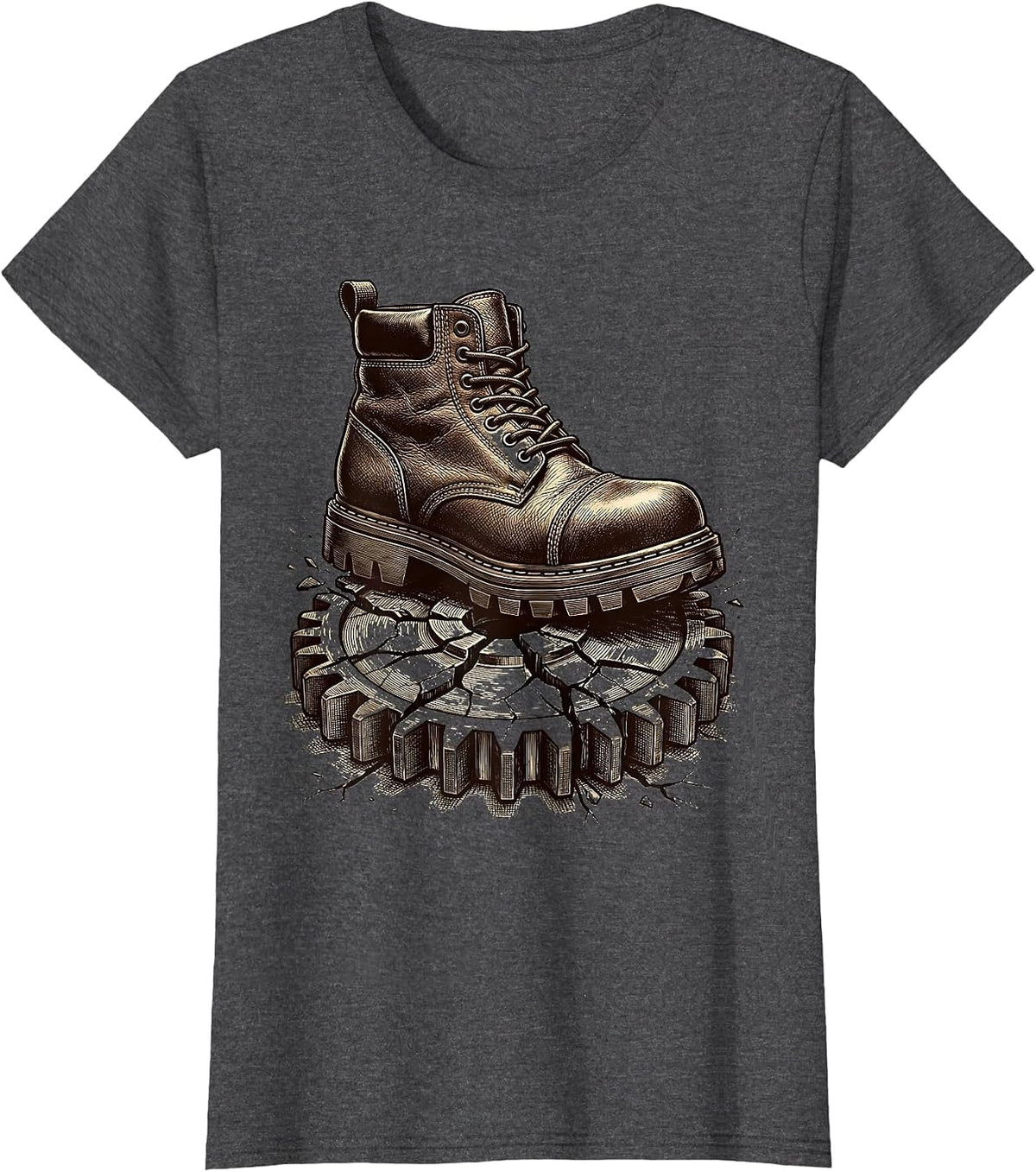 Women's Mechanic Boot Crushing Broken Gear Graphic T-Shirt - Dark Heather Grey