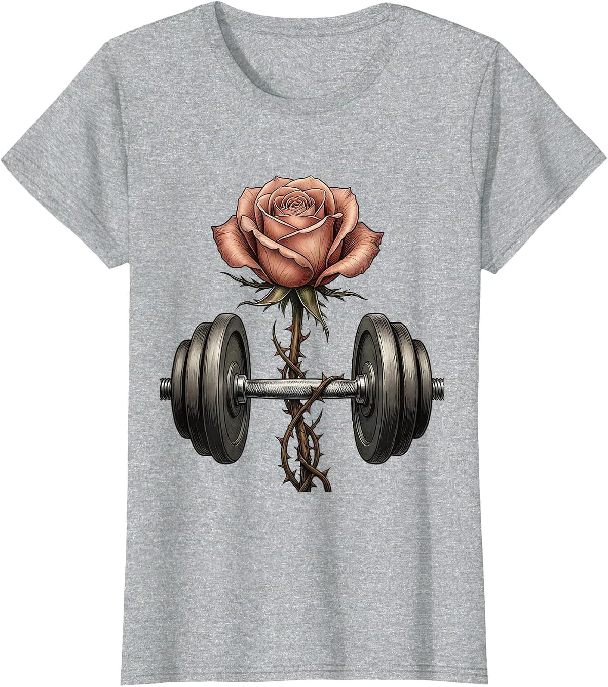Rose Blooming From Dumbbell Floral Fitness Design T-Shirt - Heather Grey