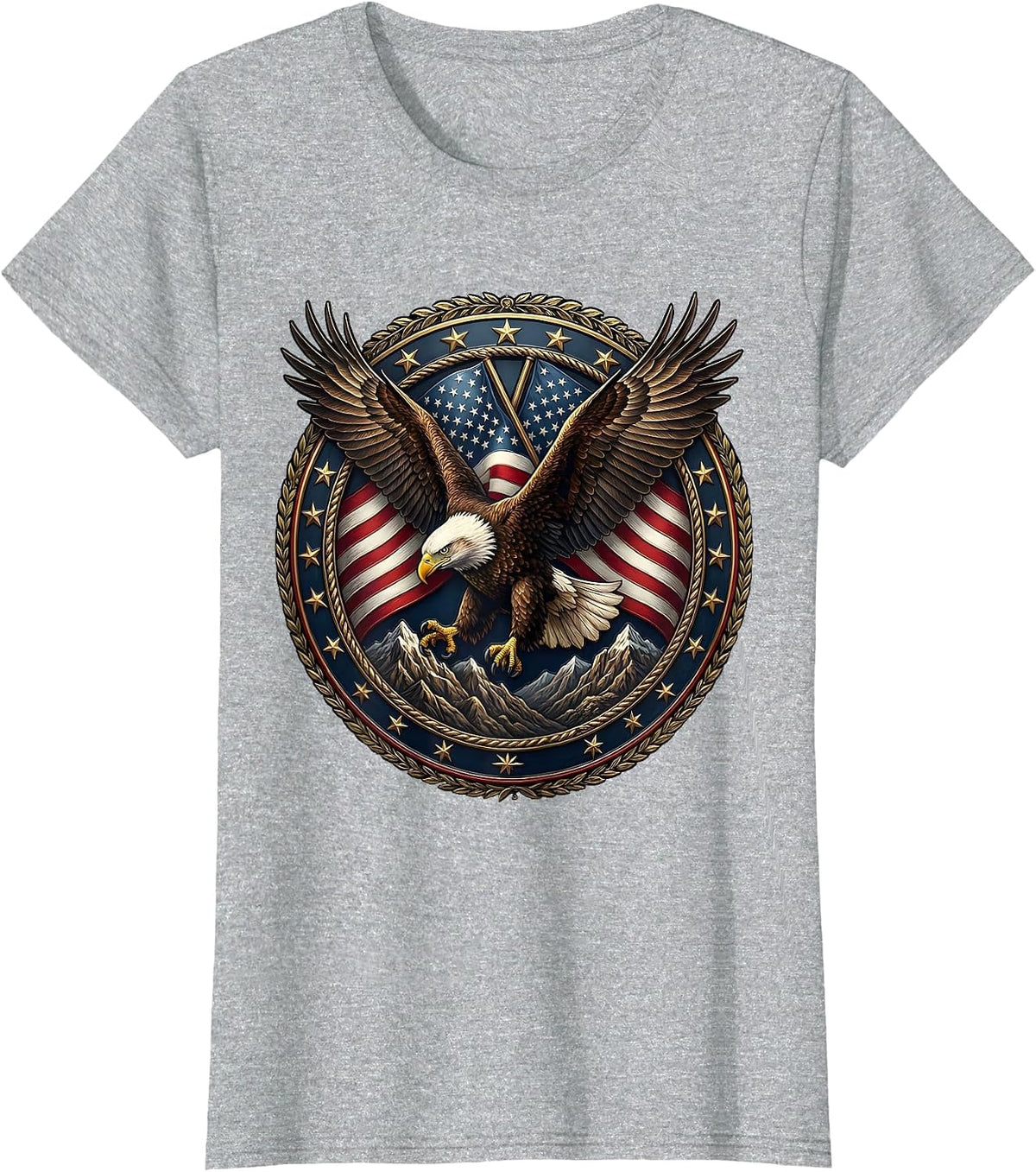 Women's Bald Eagle Soaring Over Mountain Range T-Shirt - Heather Grey