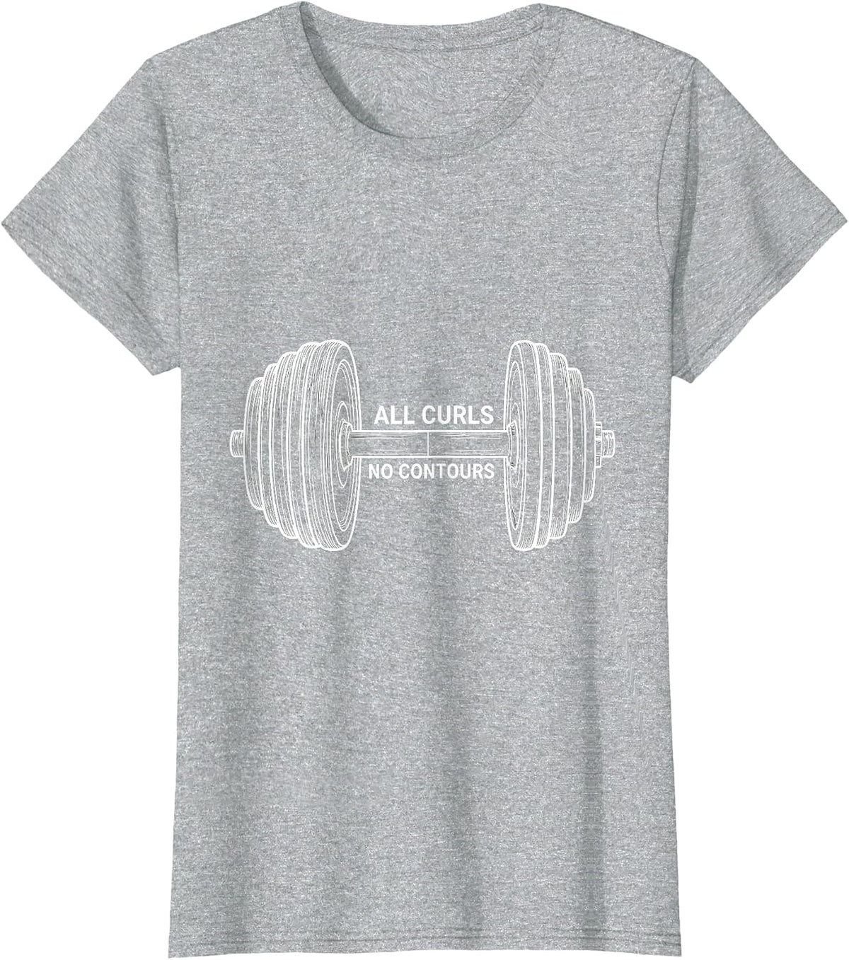 Women's All Curls No Contours Funny Gym Workout Weightlifting Humor T-Shirt - Heather Grey