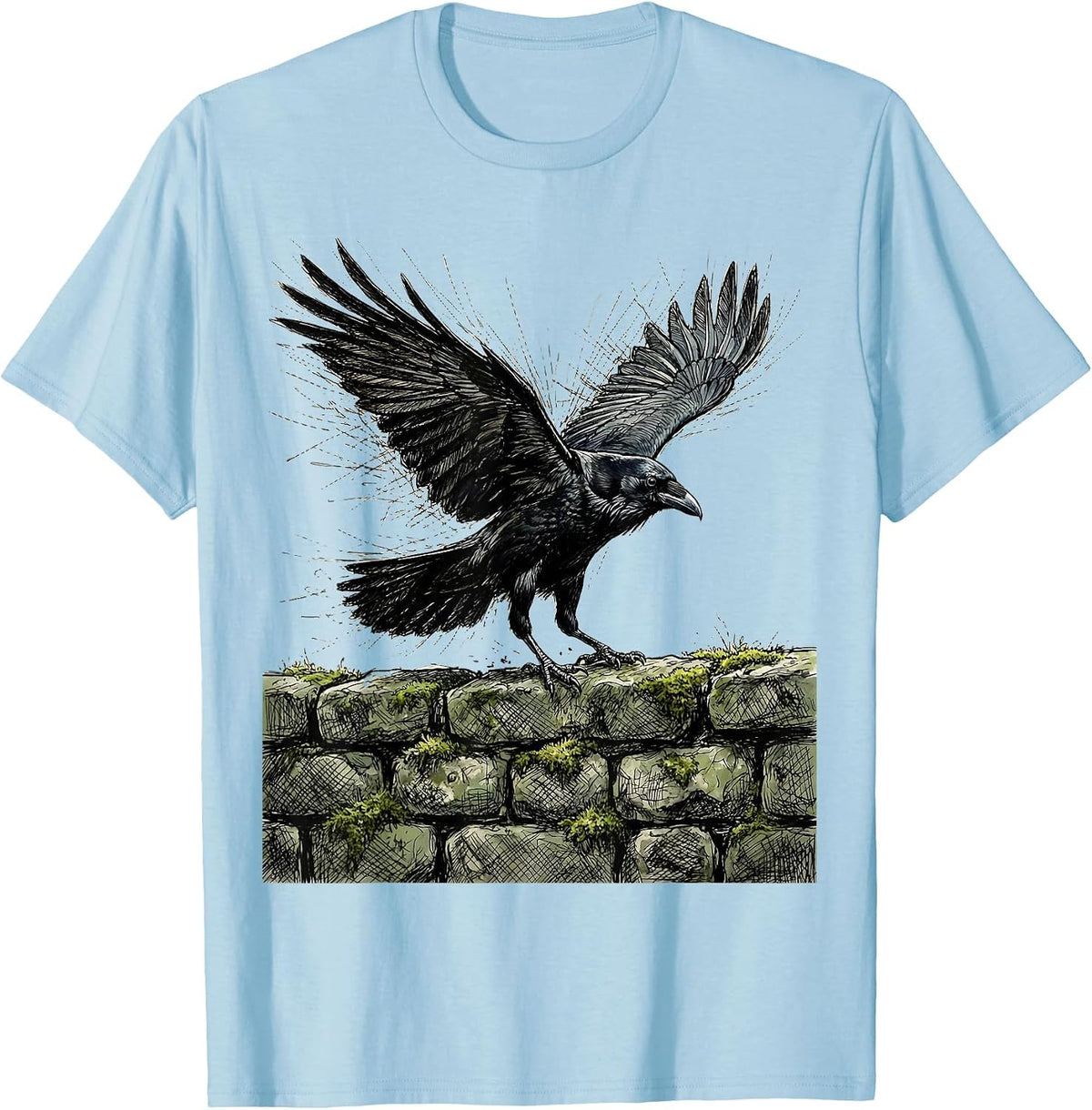 Men's Raven on Mossy Stone Wall Fall Nature Design T-Shirt - Baby Blue