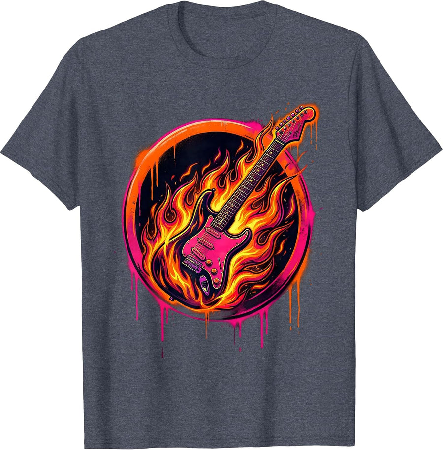 Flaming Electric Guitar Rock Band Graphic T-Shirt - Heather Blue