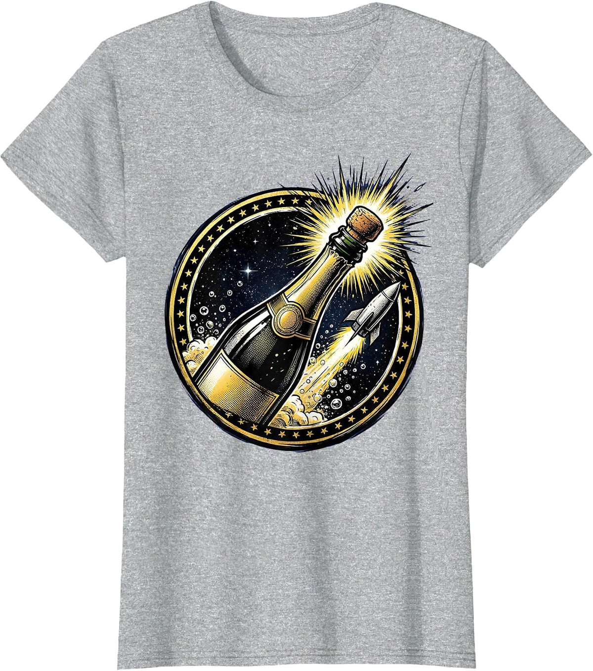 Champagne Cork Blasting Into Outer Space Graphic T-Shirt - Heather Grey
