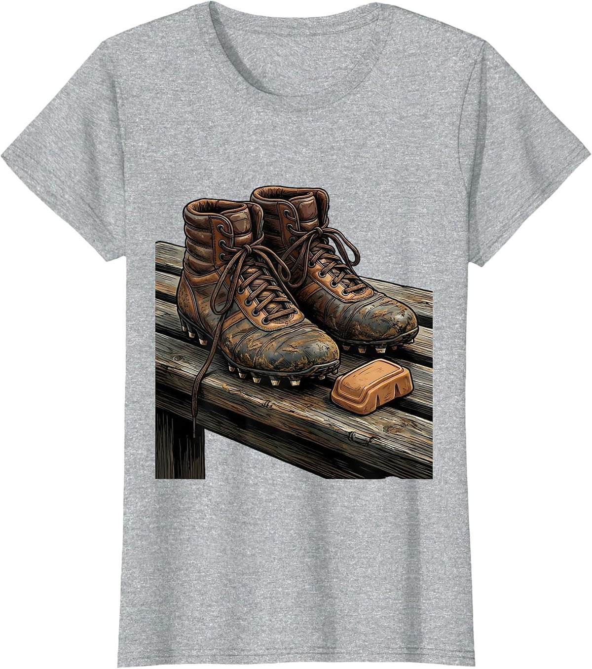 Rugby Boots and Gumshield Wooden Bench Illustration T-Shirt - Heather Grey