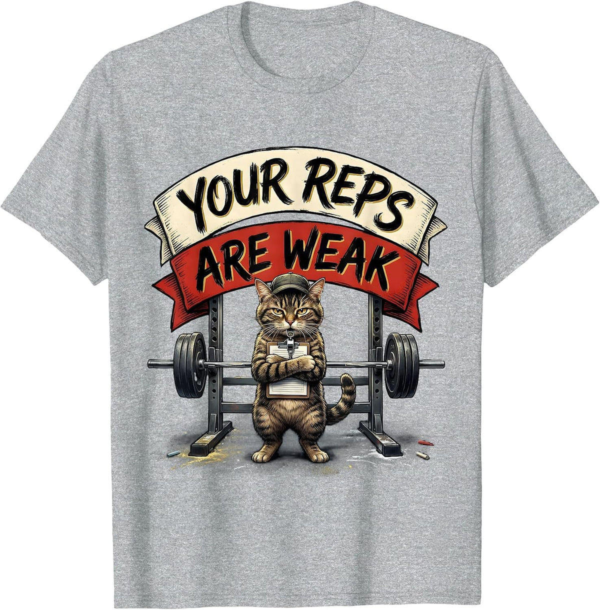 Men's Your Reps Are Weak Funny Gym Workout Cat Weightlifting Humor T-Shirt - Heather Grey
