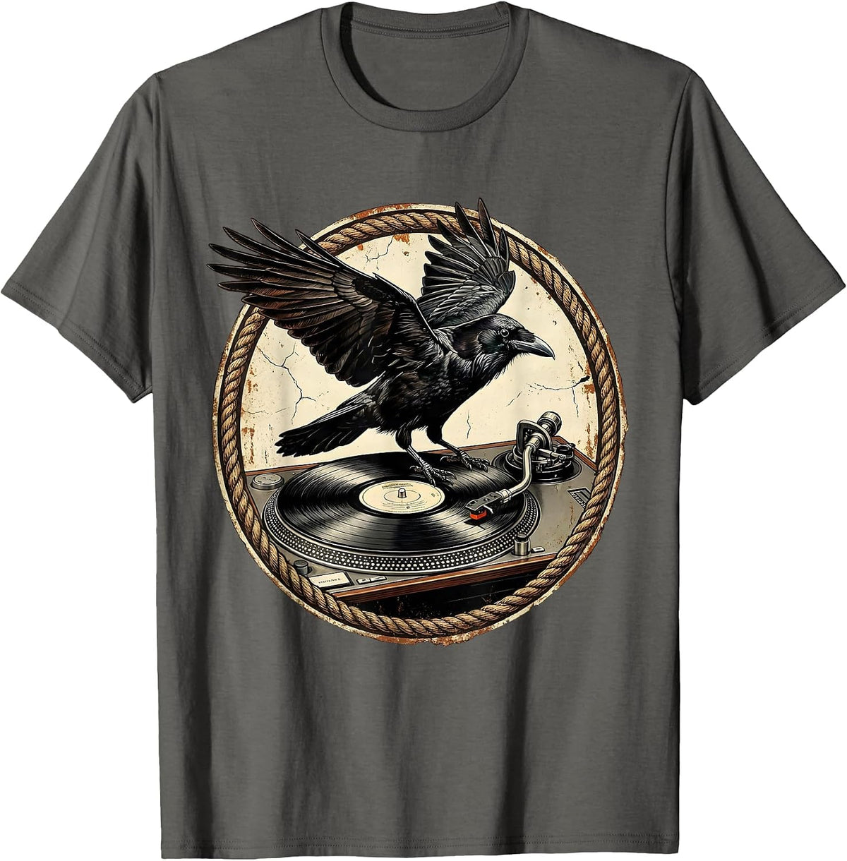 Men's Raven on Vintage Turntable Rock Music Graphic T-Shirt - Asphalt Grey