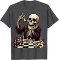 Men's Skeleton Chess Player Mid-Game Illustration T-Shirt - Dark Heather Grey